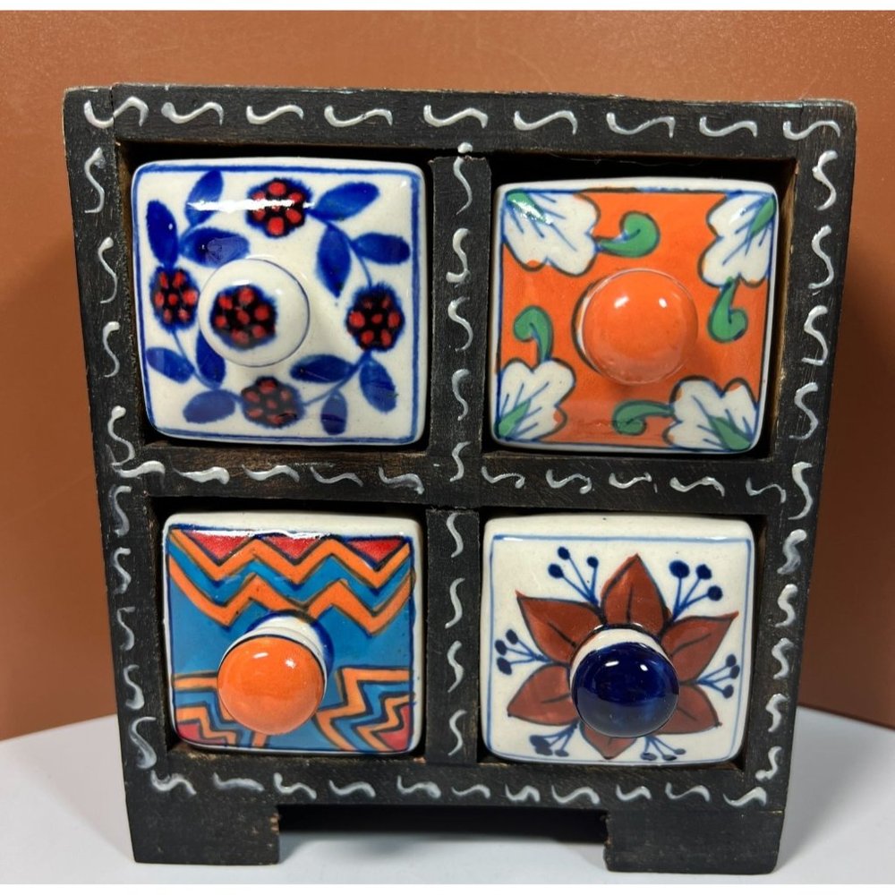 Handmade Mexican Ceramic and Wood Storage Chest Small 4 Drawers 6.5" x 5.5" Old